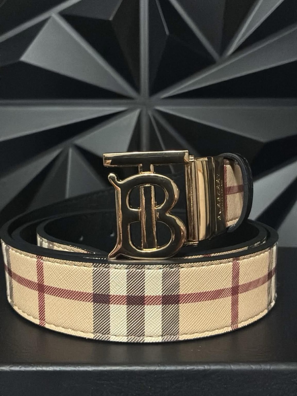 Burberry Beige Plaid Men's Belt with Gold B Buckle